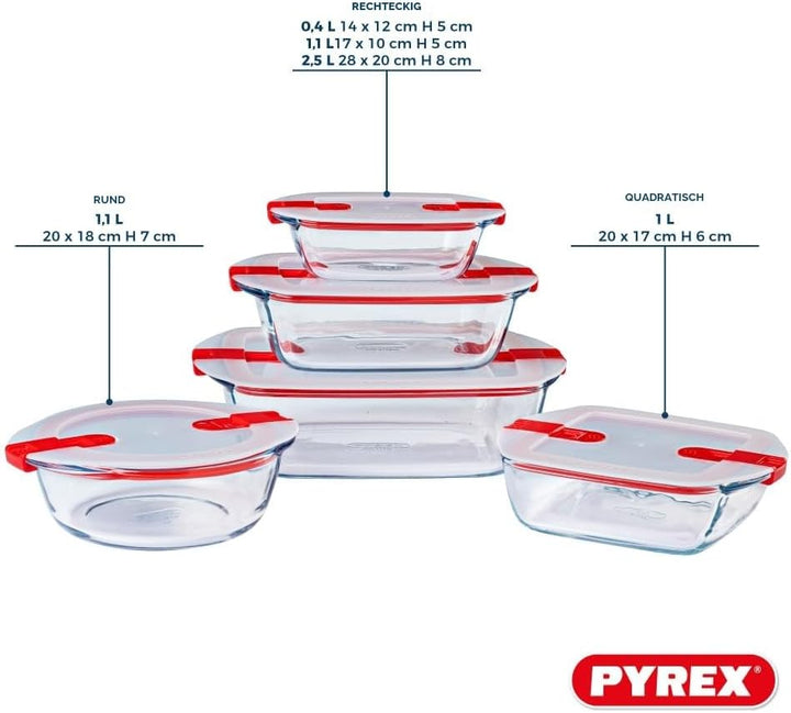 Pyrex® - Cook & Heat - 5 Stück Glasschalen mit luftdichten Deckeln, mikrowellengeeignet, BPA-frei