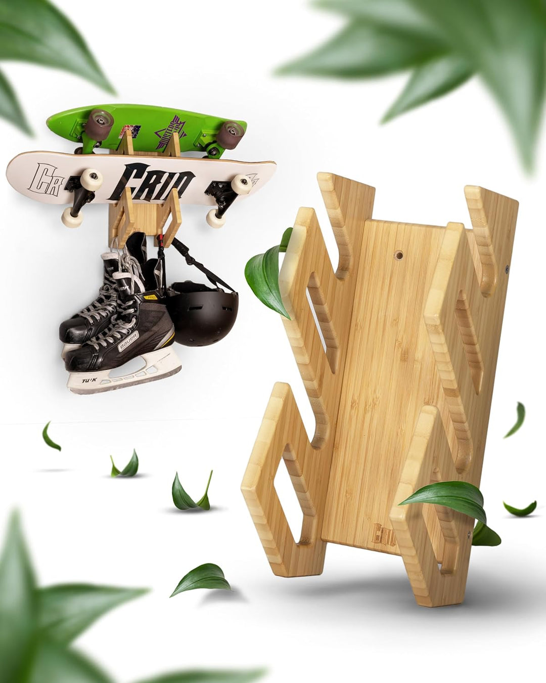 CRID Doppel Skateboard Wandhalterung aus Bambus - Universal Halterung für Skateboard, Longboard, Sno