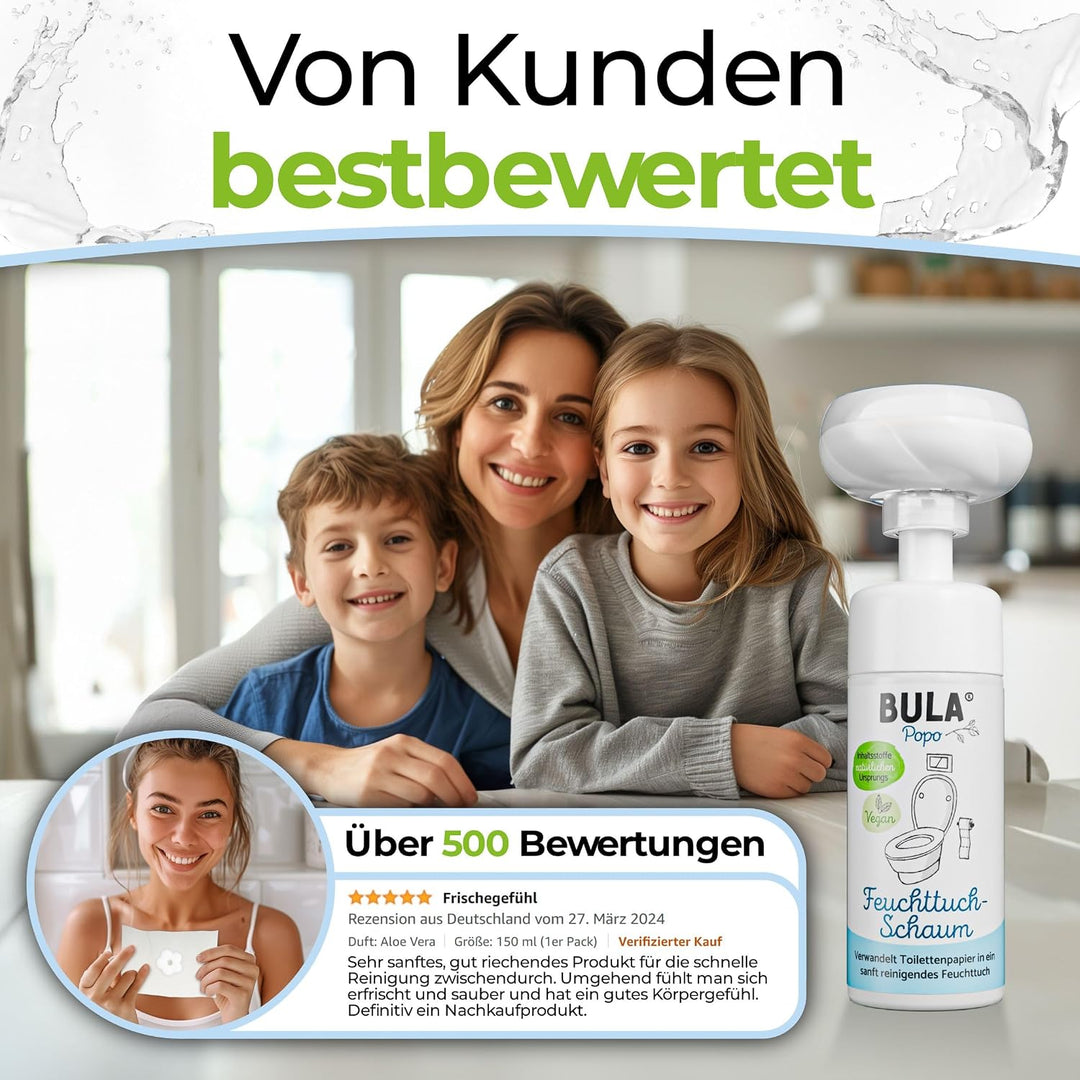 BULA® Popo Home Bundle | Feuchttuch-Schaum 150ml Flasche + Blumen-Schaumpumpe inkl. Edelstahl Halter