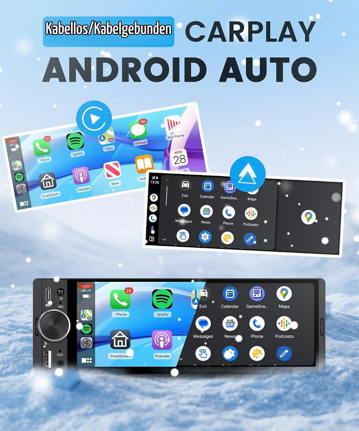 Autoradio 1 Din mit Wireless Carplay Android Auto IOS/Android Mirror Link Bluetooth 5.2, 6.28 Zoll I