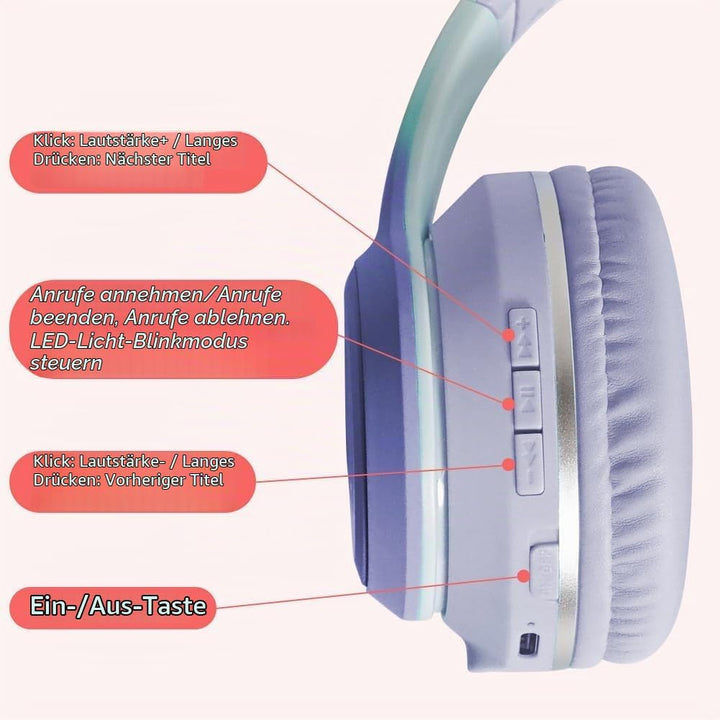 Kinder Bluetooth Kopfhörer, Katzenohr LED Lichter, Bluetooth 5.3 Stereo, Verstellbares Kopfband, 85d