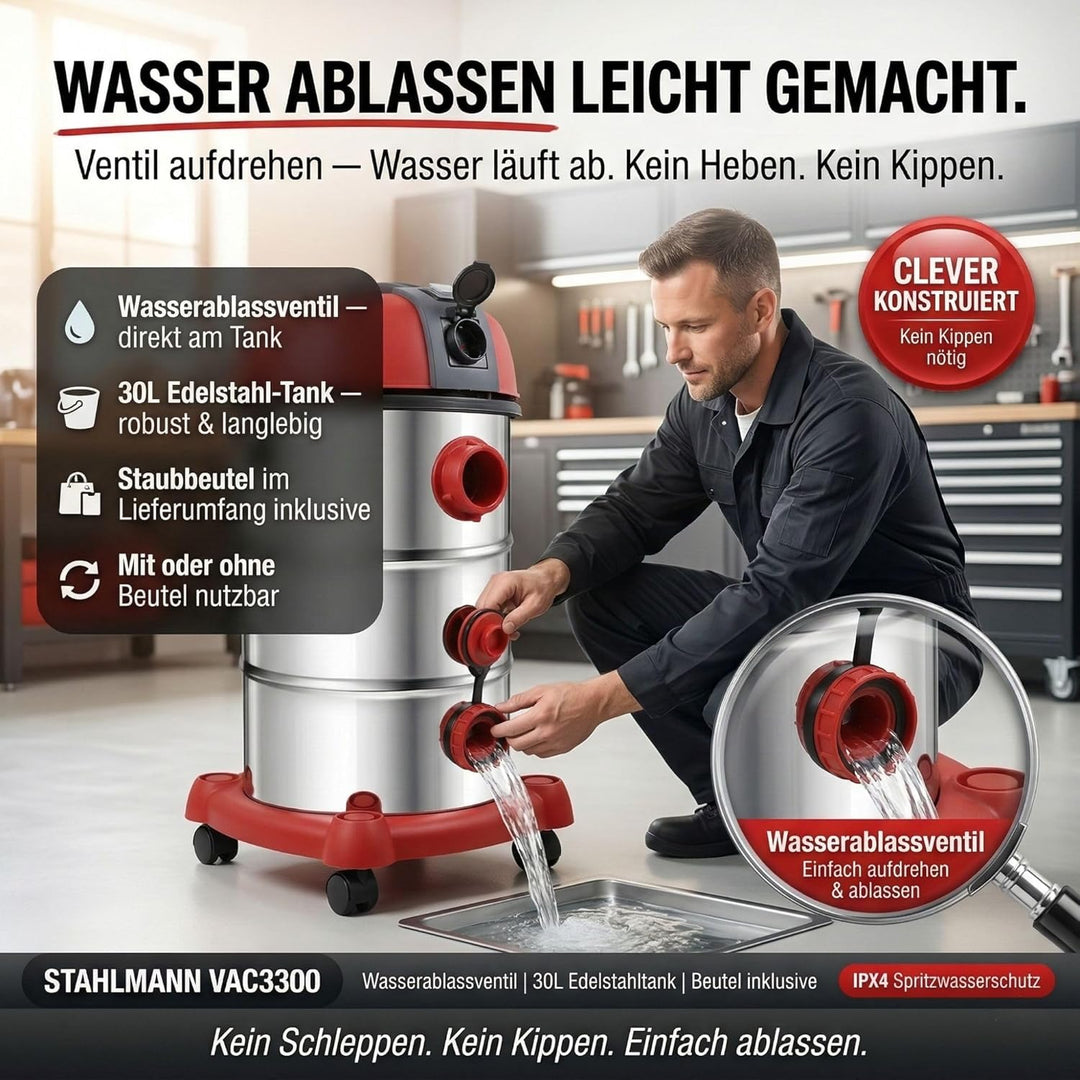 STAHLMANN VAC3300 Industriestaubsauger Nasssauger Trockensauger; 30L Tank, integrierte Steckdose, le