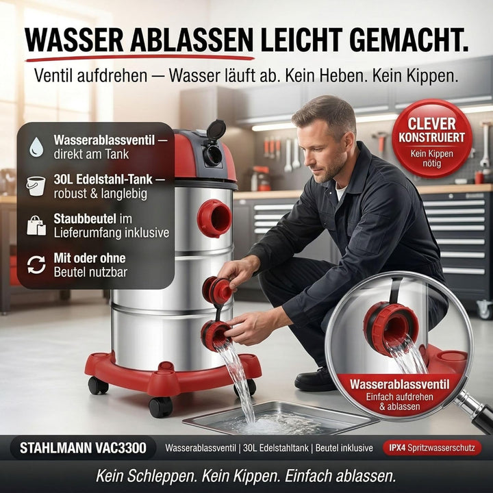 STAHLMANN VAC3300 Industriestaubsauger Nasssauger Trockensauger; 30L Tank, integrierte Steckdose, le