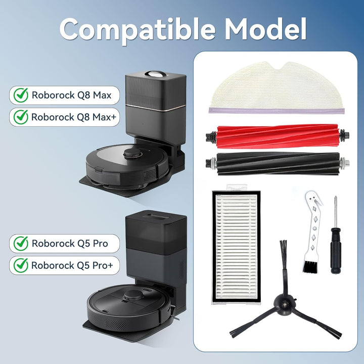 Zubehör für Roborock Q5 Pro/Q5 Pro+/Q8 Max/Q8 Max+ | 2 Hauptbürsten + 4 HEPA-Filter + 6 Wischtücher