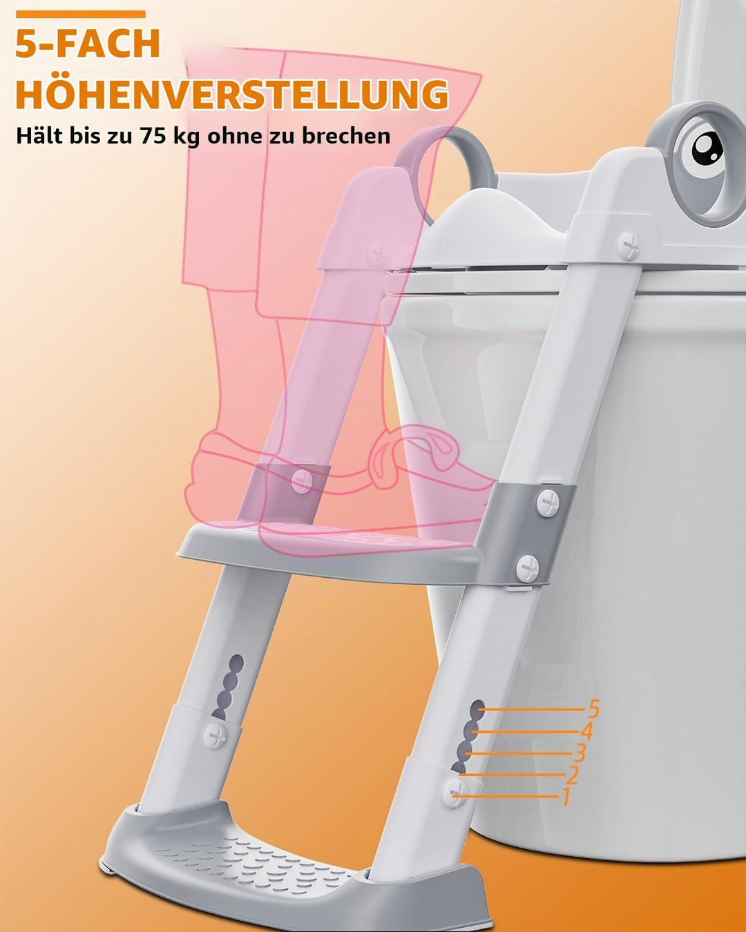 Toilettensitz Kinder mit Treppe, WC Sitz Kinder für Jungen und Mädchen, Höhenverstellbar und Klappba