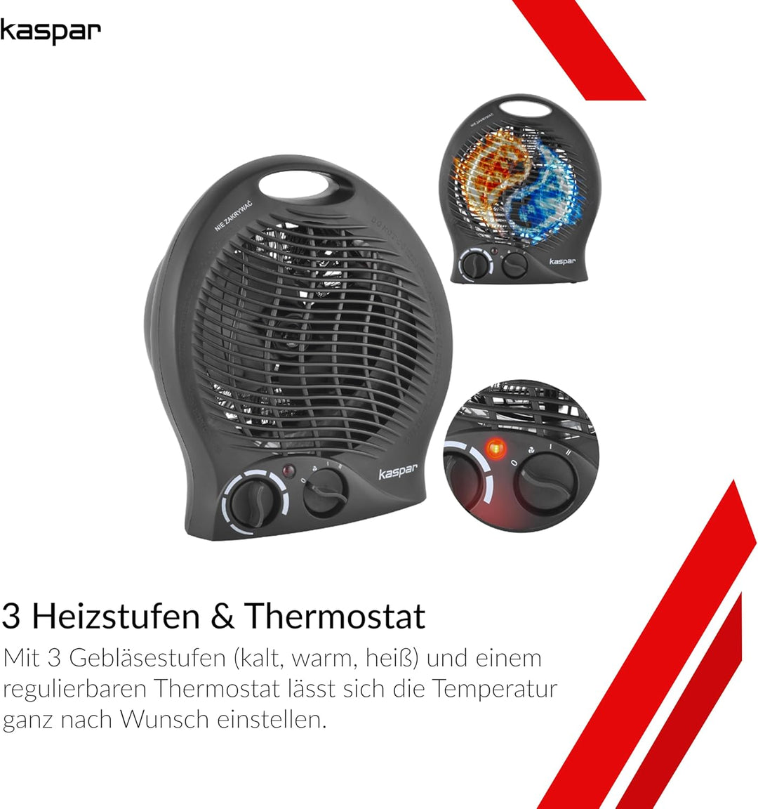 KASPAR Heizlüfter Klein Kompakt Thermoventilator Elektroheizer 1000 W 2000 W Mit Ventilatorfunktion