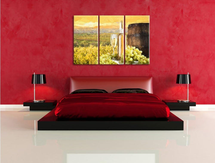 Pixxprint Weinreben mit Weinflasche und Fass als Leinwandbild/Grösse: 3 Teilig (120x80 cm) cm/Wandbi