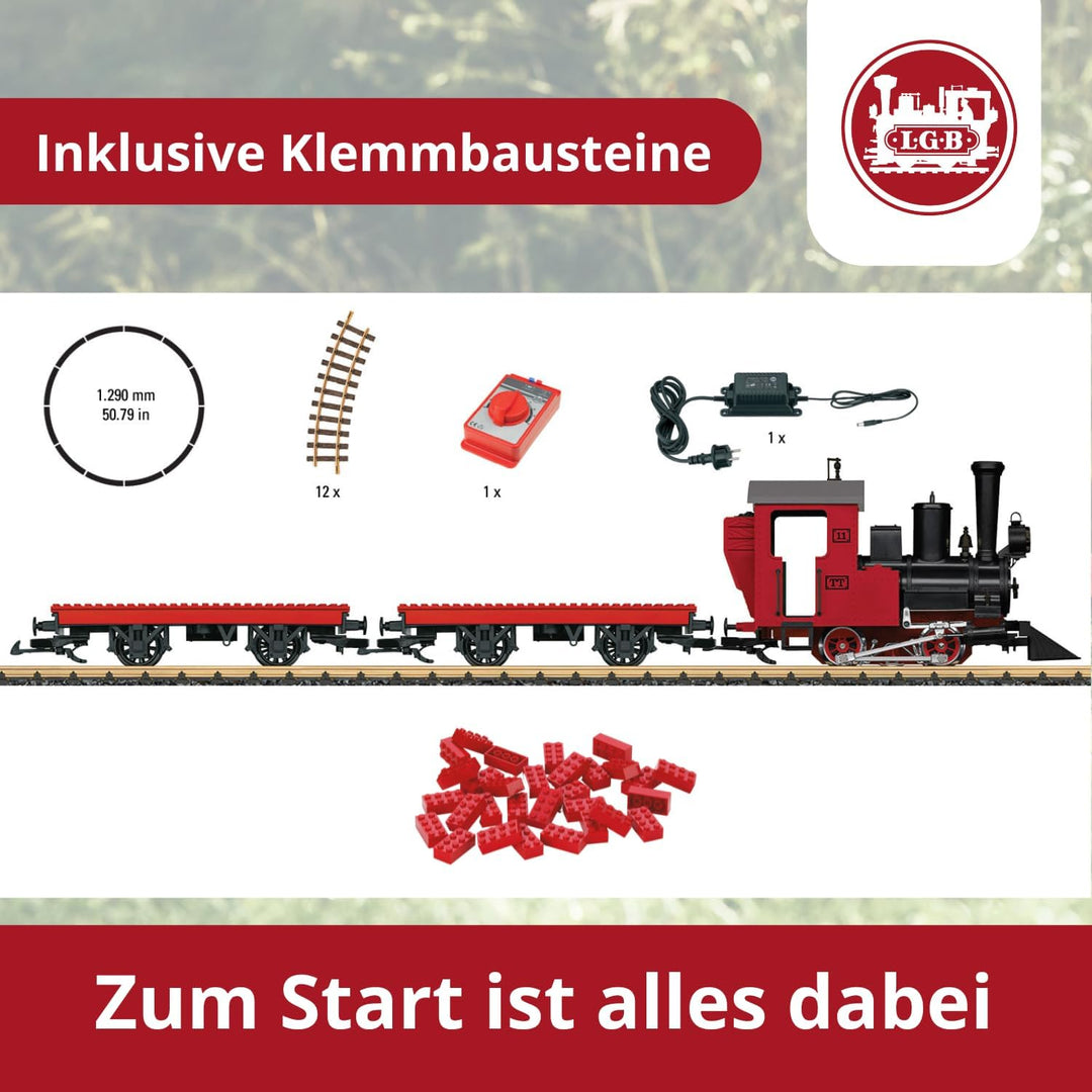 LGB – 90463 Gartenbahn Starterset Klemmbausteinzug mit Lokomotive und zwei Waggons, Outdoor-Eisenbah