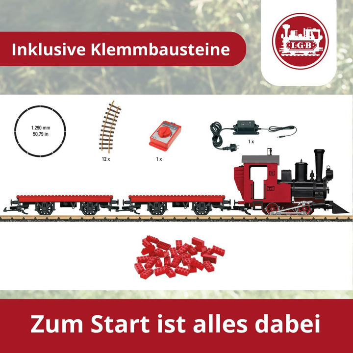 LGB – 90463 Gartenbahn Starterset Klemmbausteinzug mit Lokomotive und zwei Waggons, Outdoor-Eisenbah