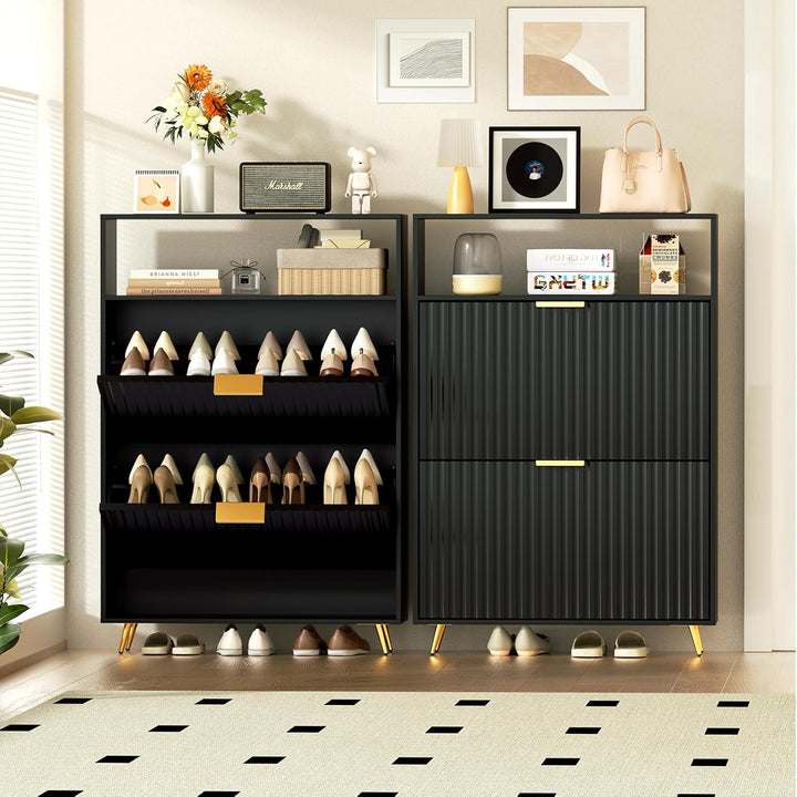 Urban Deco Schuhschrank Schwarz, 75 x 24 x 116 cm, Schuhkipper mit 2 Klappen, Schuhregal Schmal mit