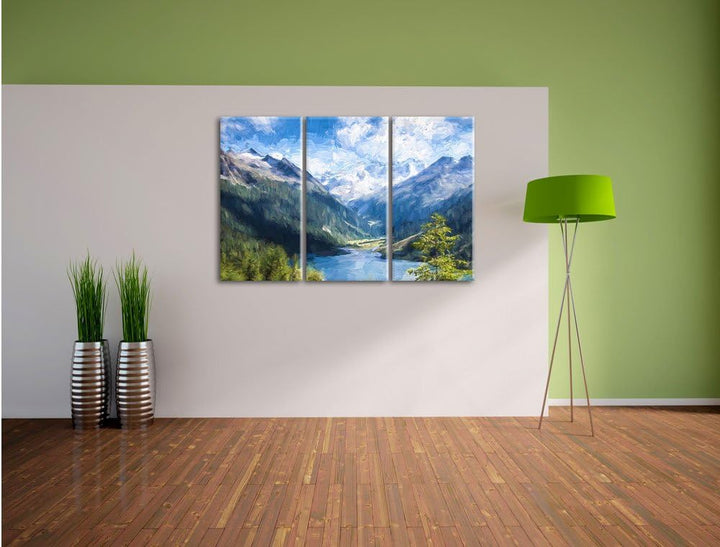 Pixxprint See zwischen Bergen Pinsel Effekt 3-Teiler Leinwandbild 120x80 Bild auf Leinwand