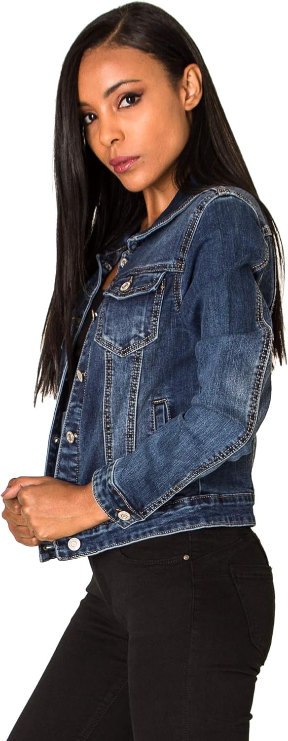 Nina Carter S338 Damen Jeansjacke Übergangsjacke Leichte Waschungseffekt Jacke Blau Denim Casual, Du