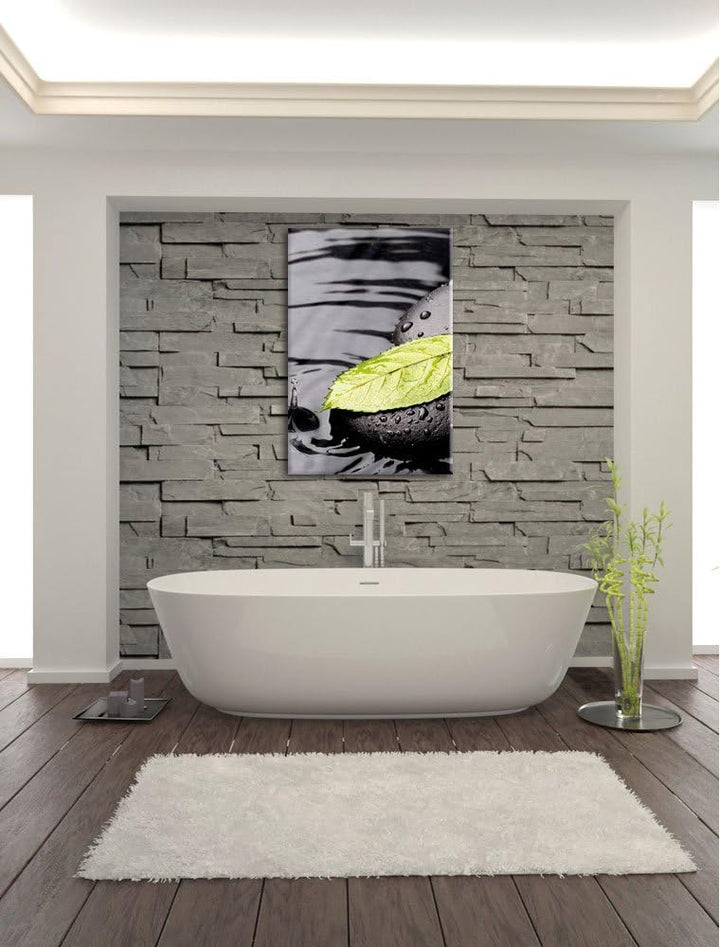 Stein mit Blatt, Format: 100x70 auf Leinwand, XXL riesige Bilder fertig gerahmt mit Keilrahmen, Kuns