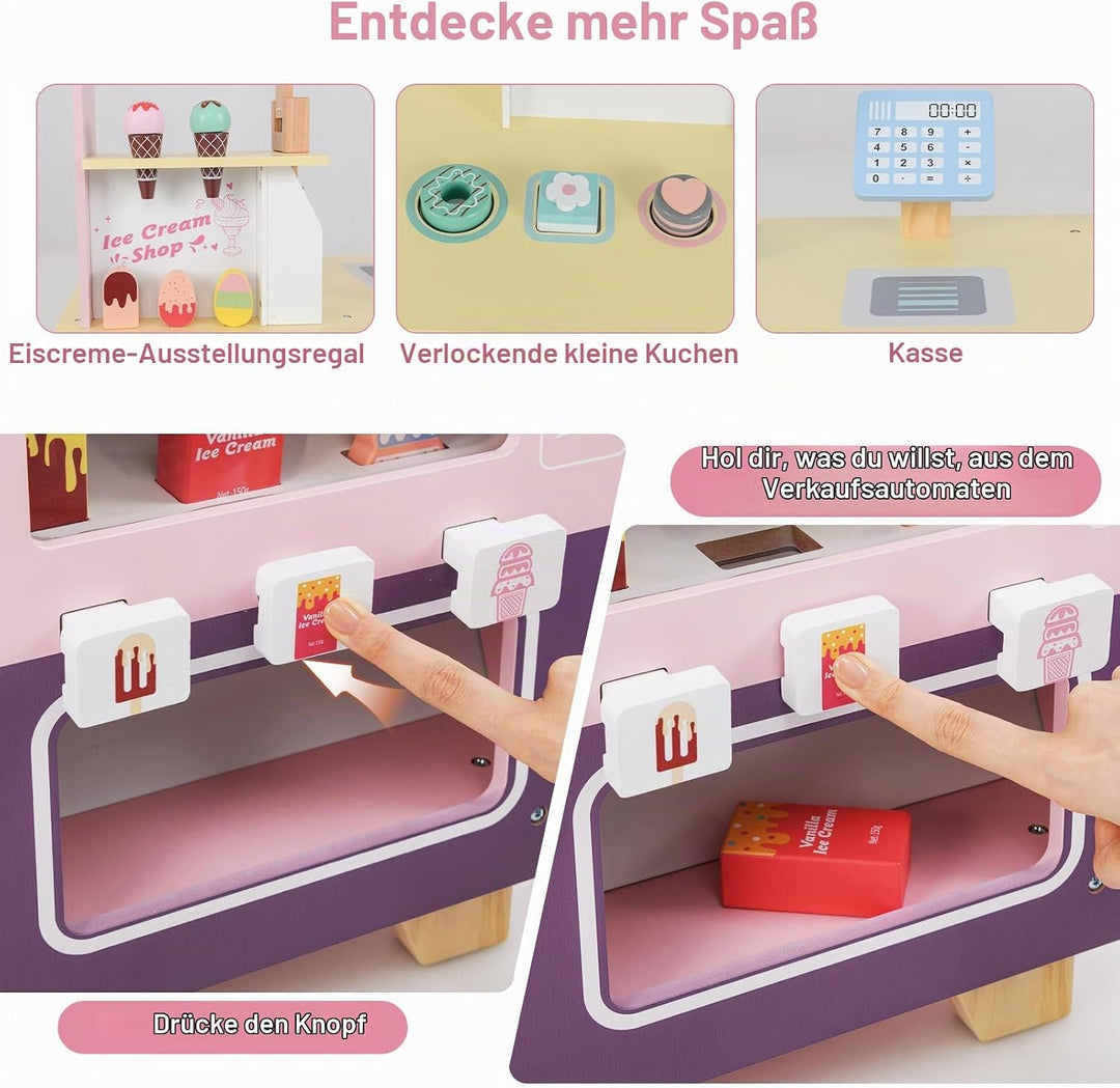 HOMASIS Kinder Eiswagen Holz mit 15 Zubehör, Kaufladen mit 6 Spielzeug-Eiscreme, Eismaschine, Verkau