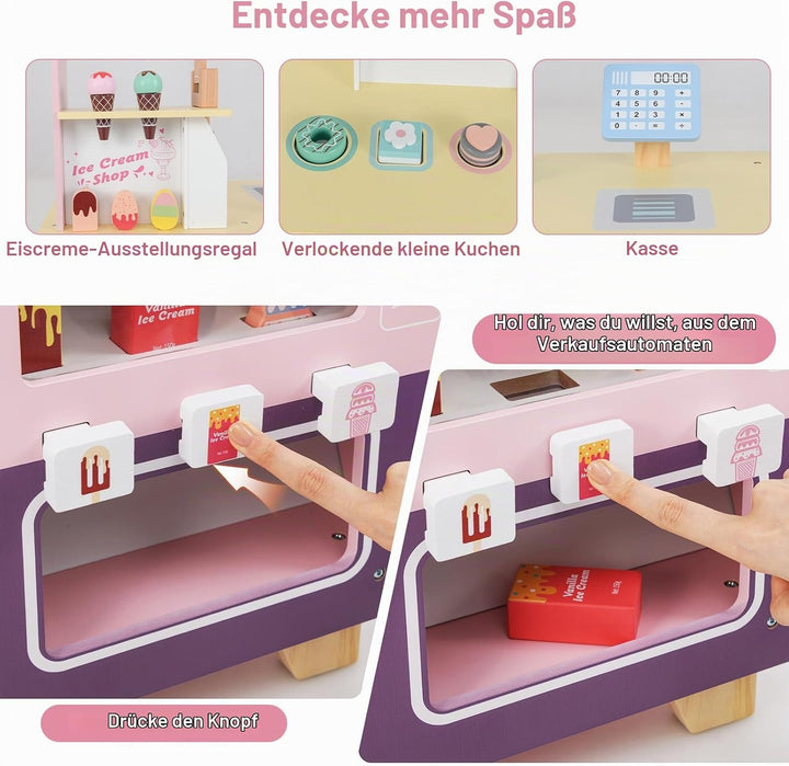 HOMASIS Kinder Eiswagen Holz mit 15 Zubehör, Kaufladen mit 6 Spielzeug-Eiscreme, Eismaschine, Verkau