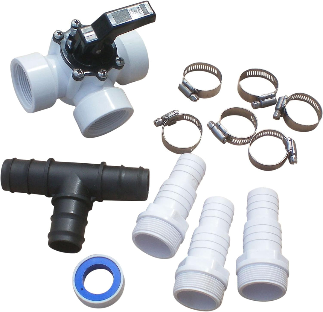 SPIRATO Pool Bypass Set 3-Wege-Ventil mit Schlauchtüllen 32/38mm, Rohrschellen, T-Stück und Teflonba