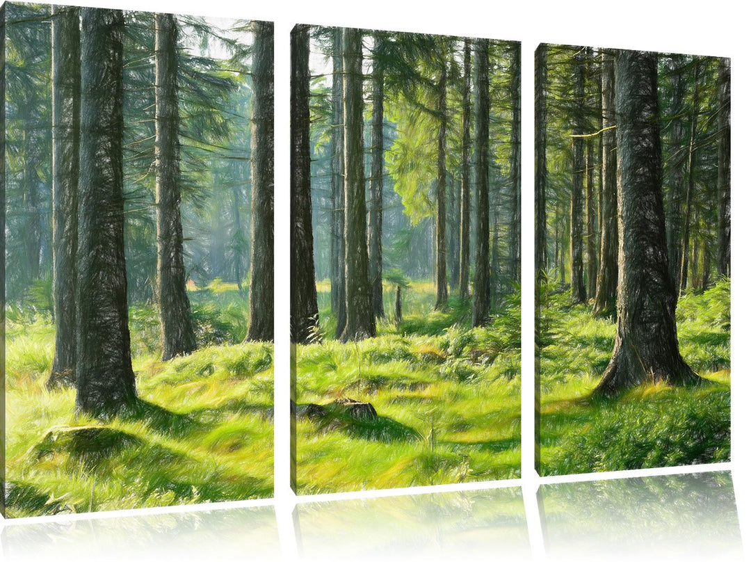 Pixxprint sonniger Tag im Wald / 3-Teilig/Gesamtmass 120cm Leinwandbild bespannt auf Holzrahmen/Wand