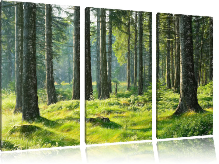 Pixxprint sonniger Tag im Wald / 3-Teilig/Gesamtmass 120cm Leinwandbild bespannt auf Holzrahmen/Wand