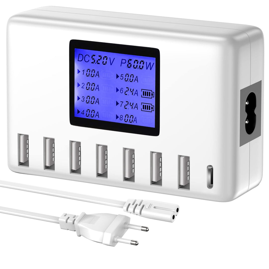 USB Ladegerät, 60W 8 Ports USB Ladestation 12A USB C Ladegerät mit LCD Display für mehrere Geräte, U