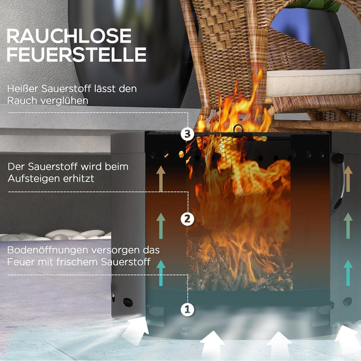 Outsunny Feuerstelle, Ø38cm Rauchfreie Holzfeuerschale mit Griff, Feuerkorb mit Schürhaken und Funke