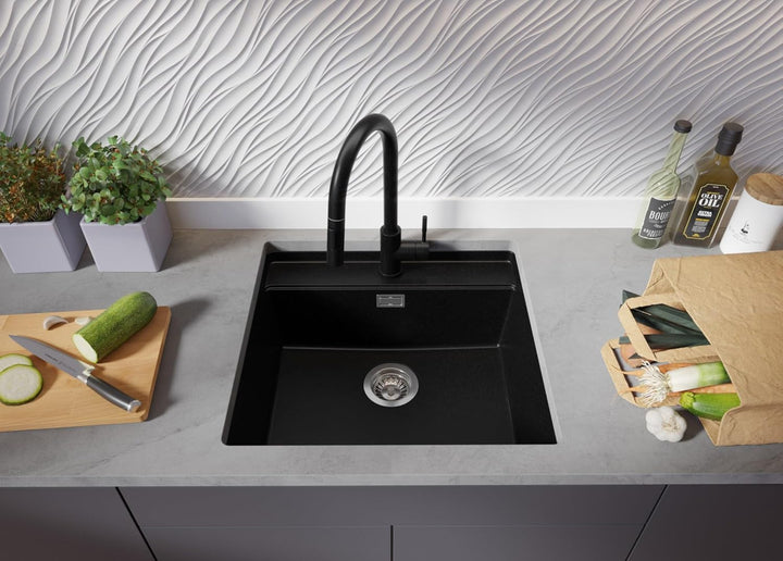 Unterbauspüle Granit Schwarz 56x53cm, Spülbecken 1 Becken + Ablauf-Set + Küchenarmatur + Schneidebre