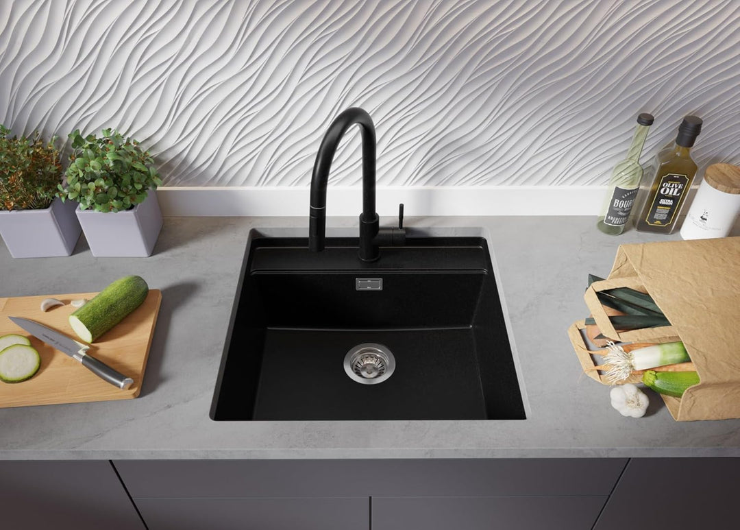 Unterbauspüle Granit Schwarz 56x53cm, Spülbecken 1 Becken + Ablauf-Set + Schneidebrett, Granitspüle
