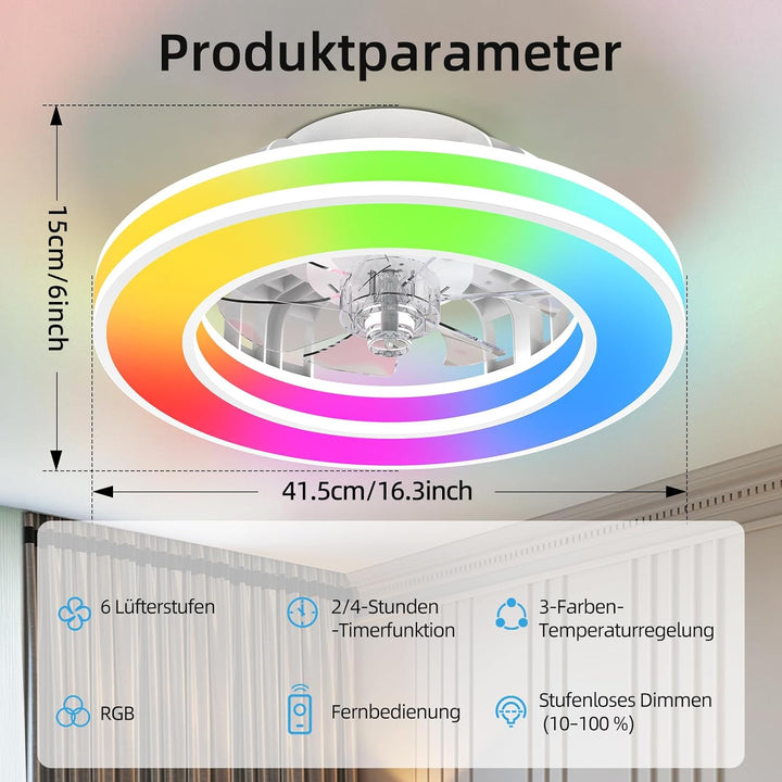 Ateroll Deckenventilator mit Beleuchtung Ø41.5CM, Deckenventilator mit Licht Dimmbar (3000K-4000K-65