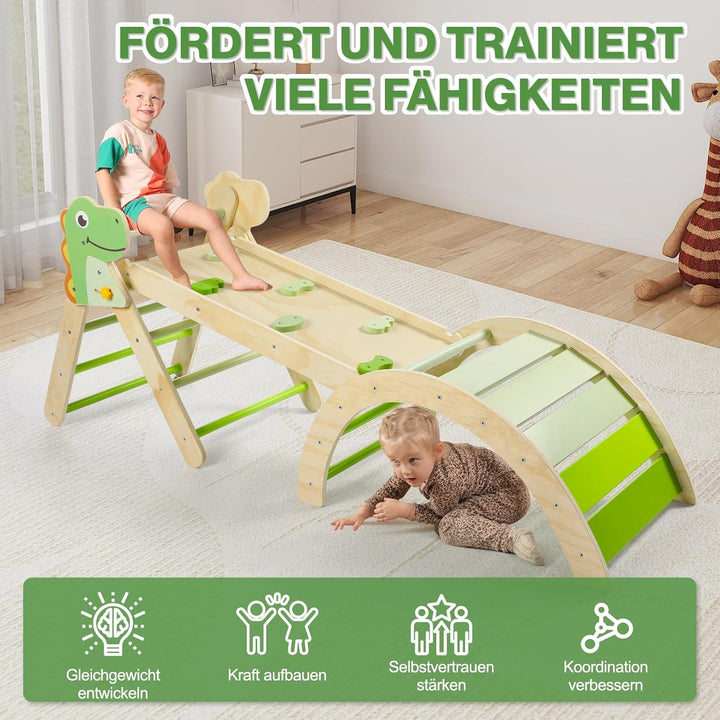 7-in-1 Montessori Kletterdreieck Set mit Rutsche, Kletterbogen & weichem Kissen – Holz Klettergerüst