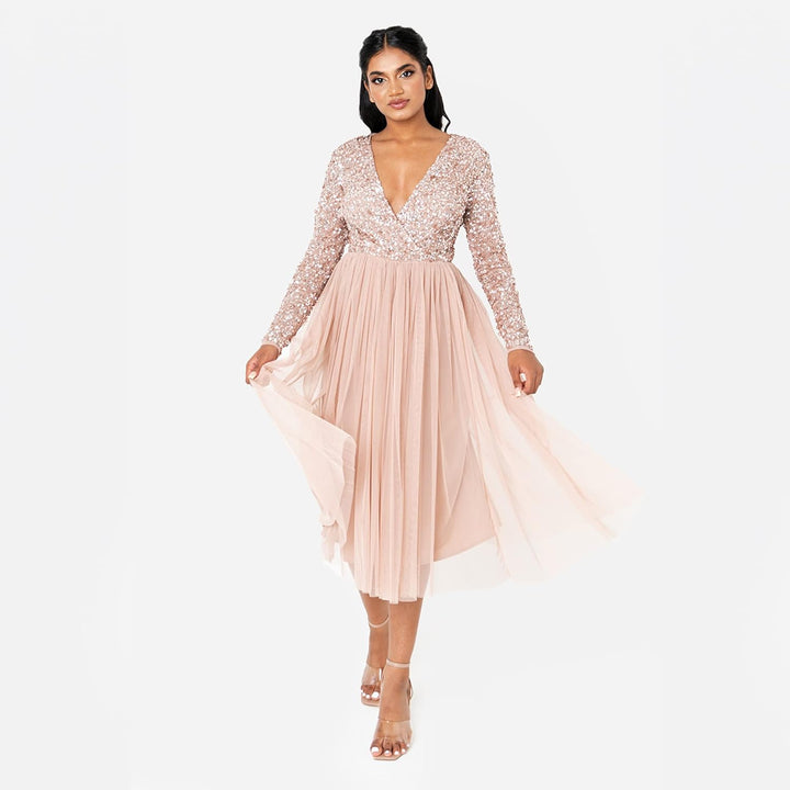 Maya Deluxe Midi Elegant Hochzeit Ärmel Tiefer V Ausschnitt Pailletten Cocktailkleid Abschlussball B