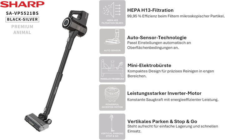 SHARP SA-VP5521BS Staubsauger Kabellos mit Autom. Sensor, Animal, 450W BLDC-Motor, 65Min., 25,9V, 0,