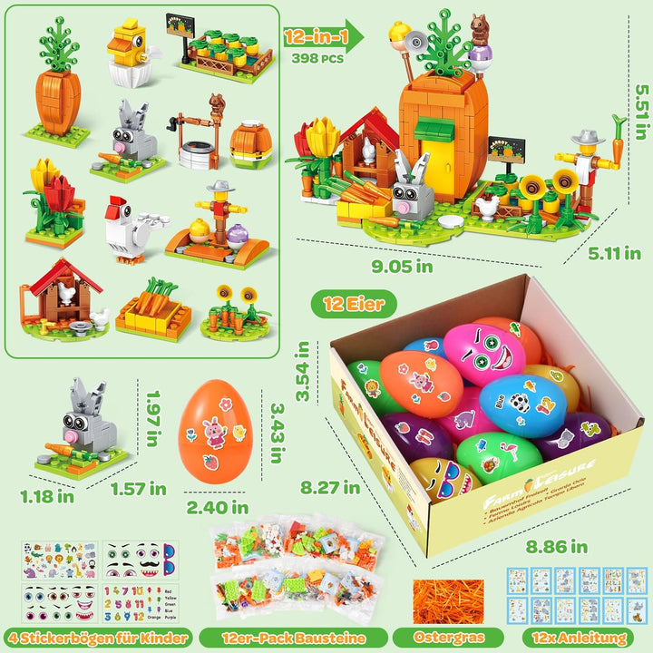 MOONTOY Ostergeschenke Kinder, 12 Ostereier mit 12 Oster Bausteinsets & 4 Stickern, DIY Osternest Fü