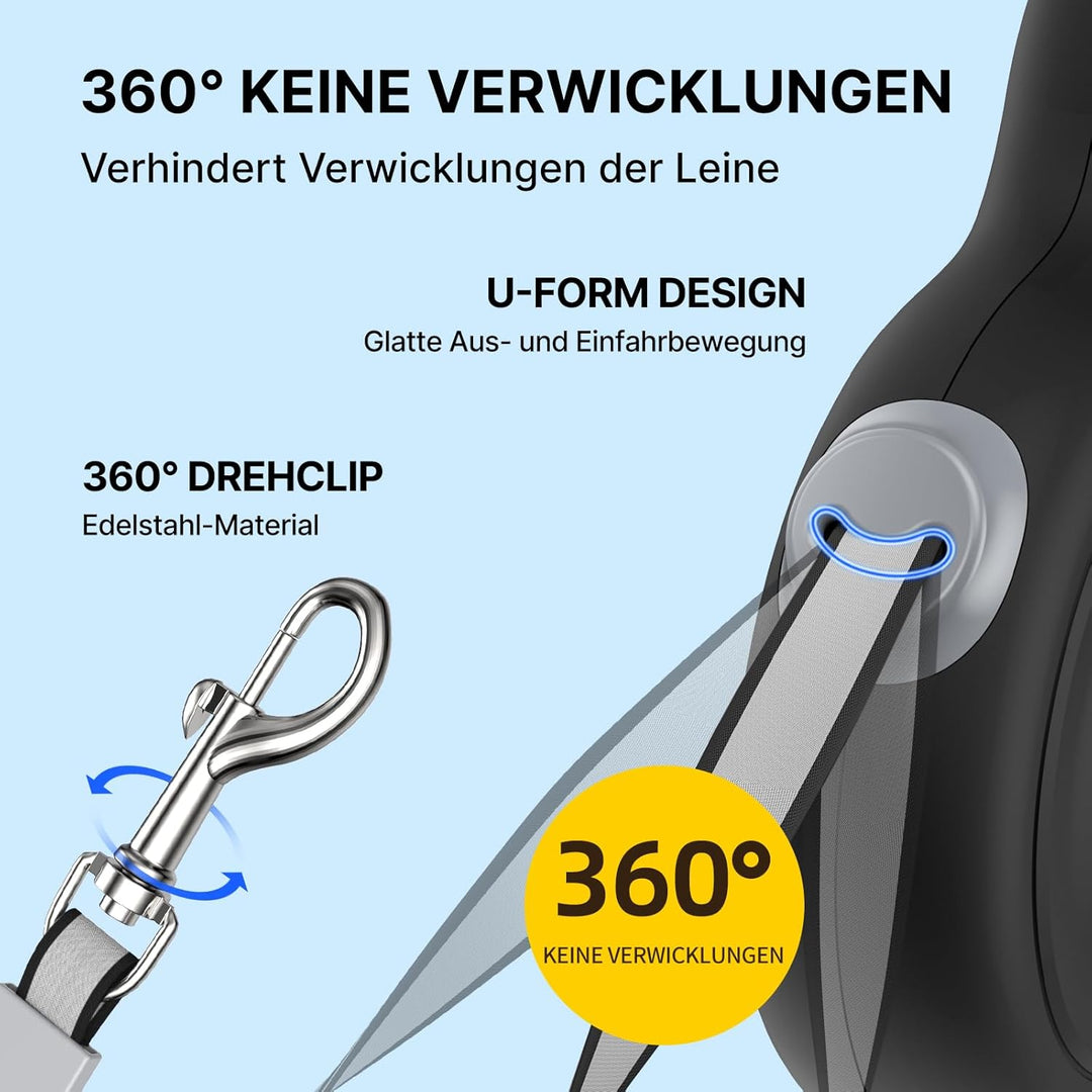 5M Einziehbare Hundeleine für kleine & mittelgrosse Hunde | Automatische Bremse, Verriegelung, ergon