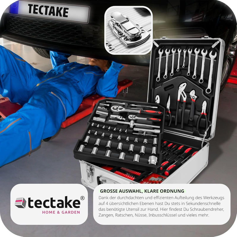 tectake® Werkzeug Set im Aluminium Koffer, Werkzeugkoffer gefüllt, 599-tlg., Tool Werkzeugwagen fahr