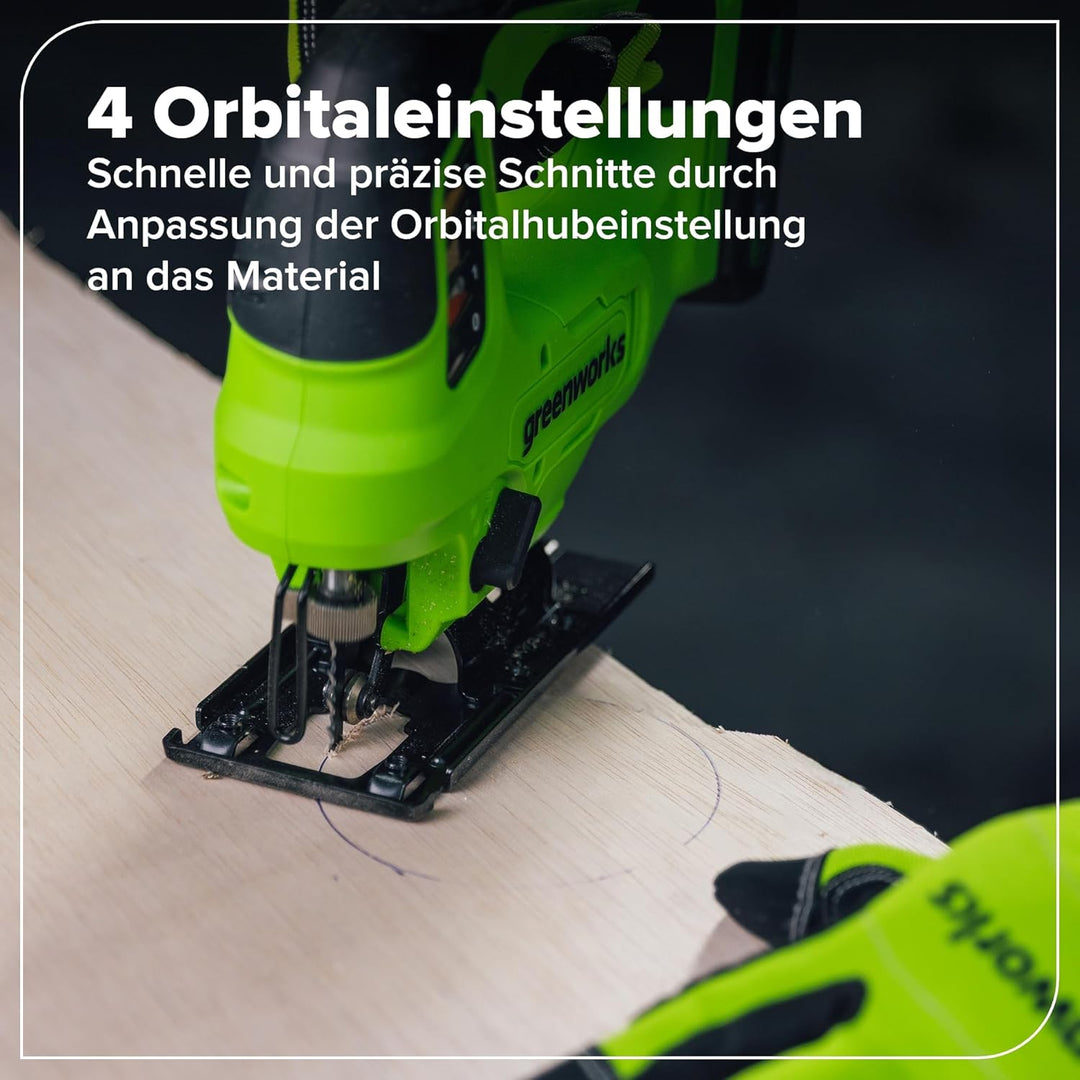 Greenworks 24V Akku-Bürstenlose Stichsäge, 3000spm, Neigungsverstellbar bis max. 45°, 4 Orbitaleinst