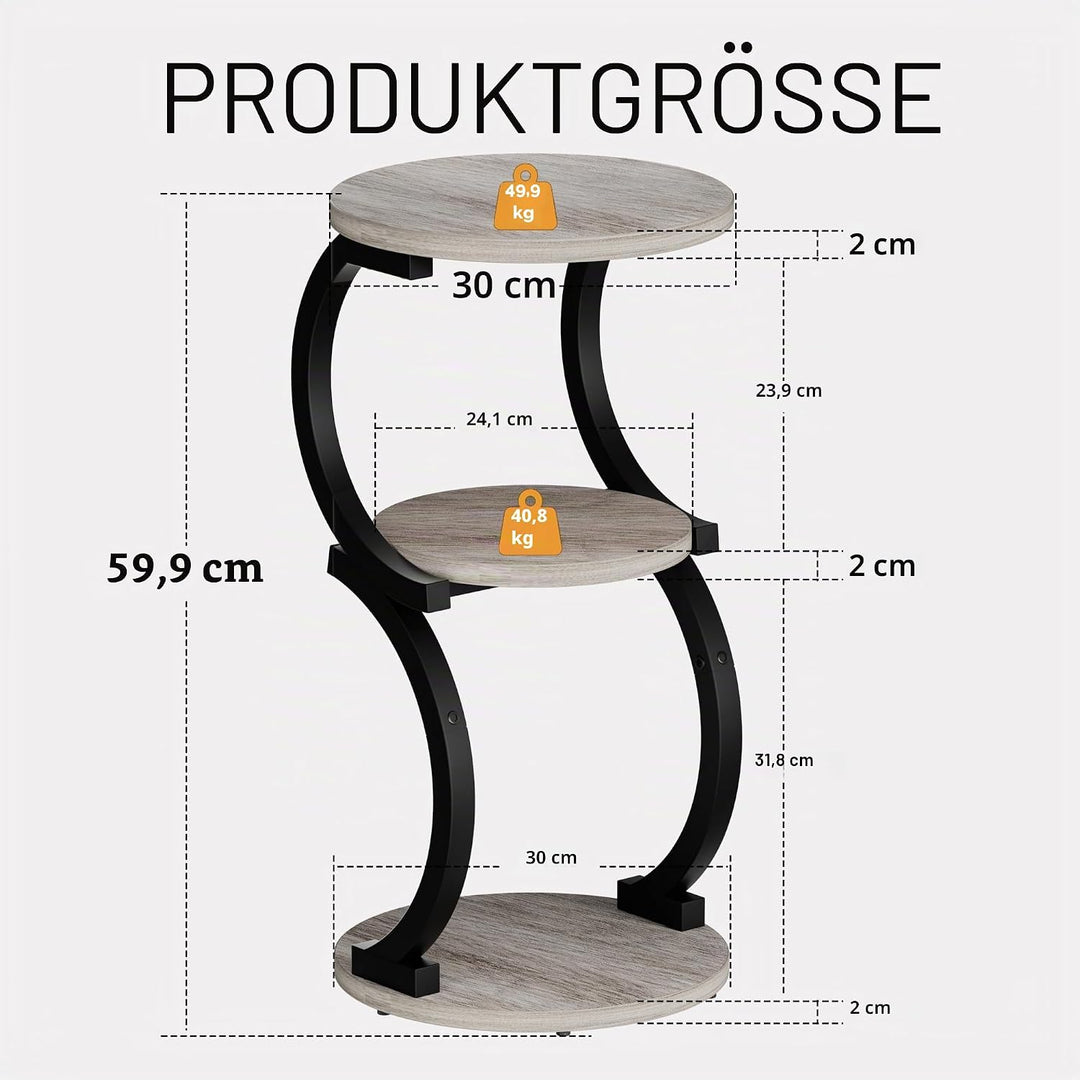 JUSTOGO Beistelltisch Rund, S-förmiges 3-stufiger Couchtisch, Kleiner Tisch Holz, Metall Nachttisch
