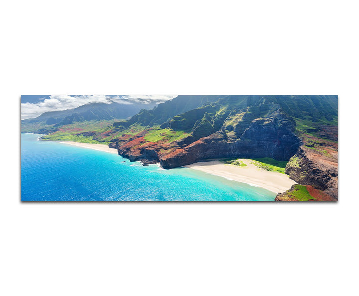Paul Sinus Art Panoramabild auf Leinwand und Keilrahmen 150x50cm Hawaii Küste Gebirge Felsen Strand