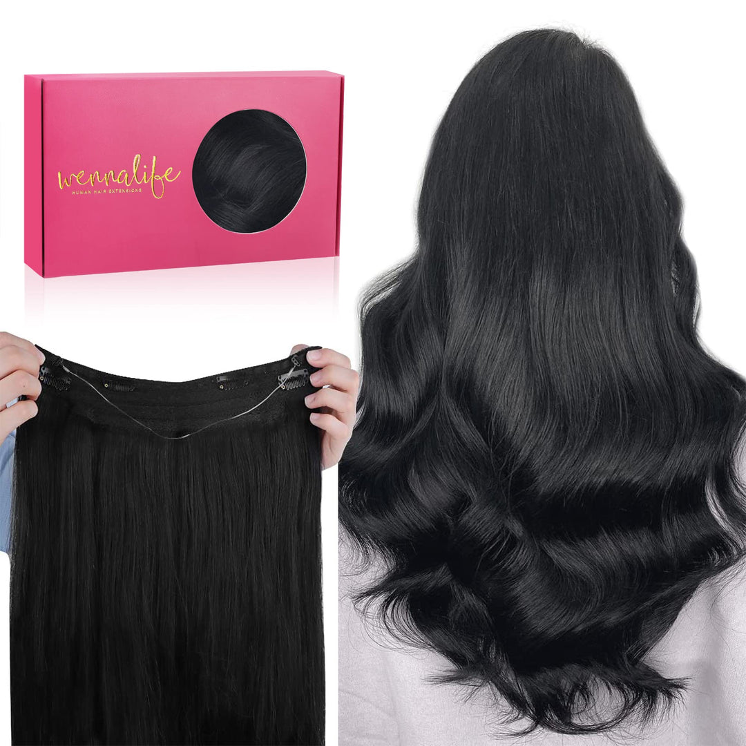 WENNALIFE Secret Hair Extensions Echthaar, 45cm 18 Inch 95g Tief Schwarz Remy Haarverlängerung Echth