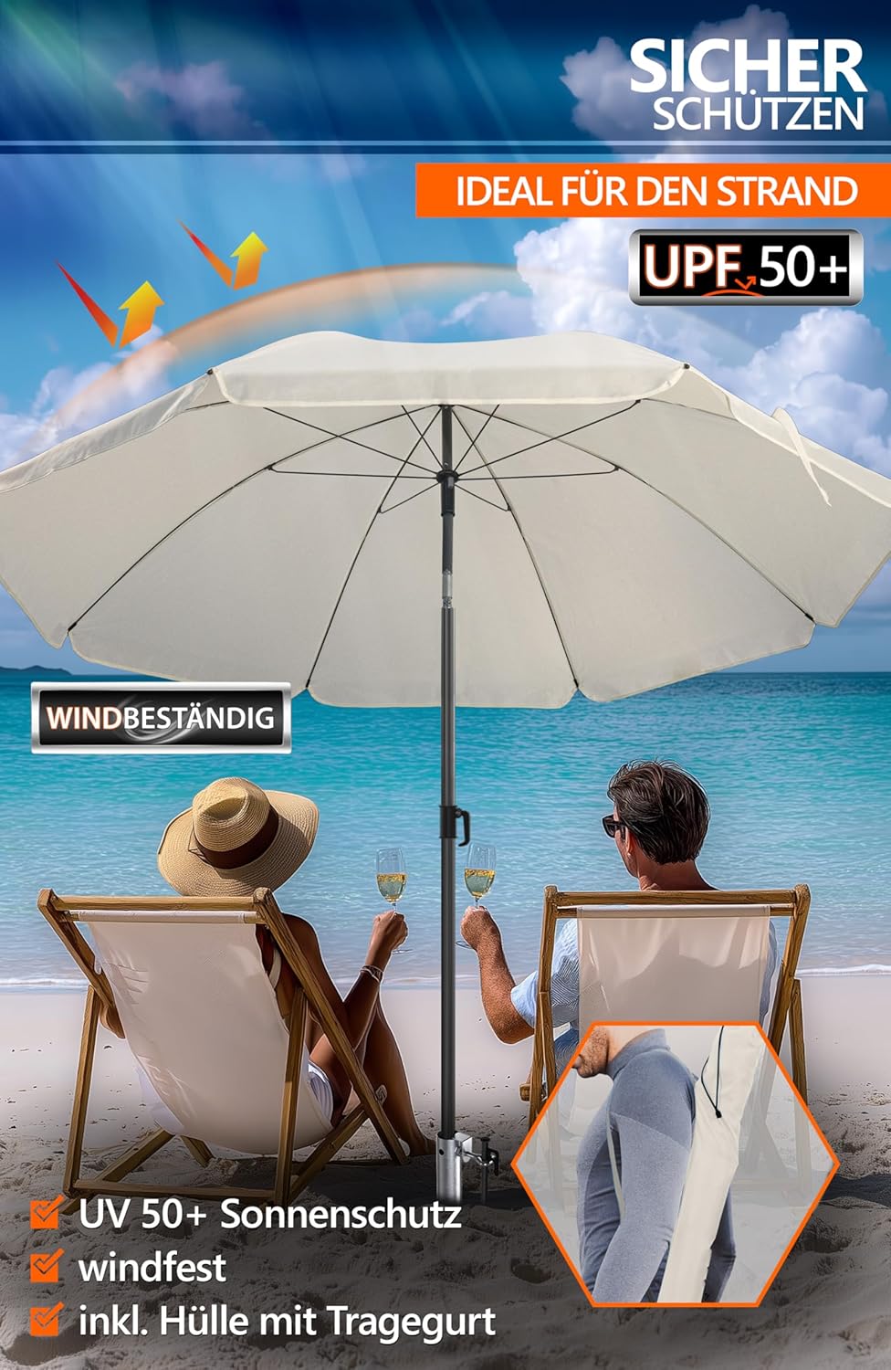 4smile Sonnenschirm Strand Ø 180 cm SET mit Eindrehbodenhülse, Beige | Strandschirm Windfest Stabil