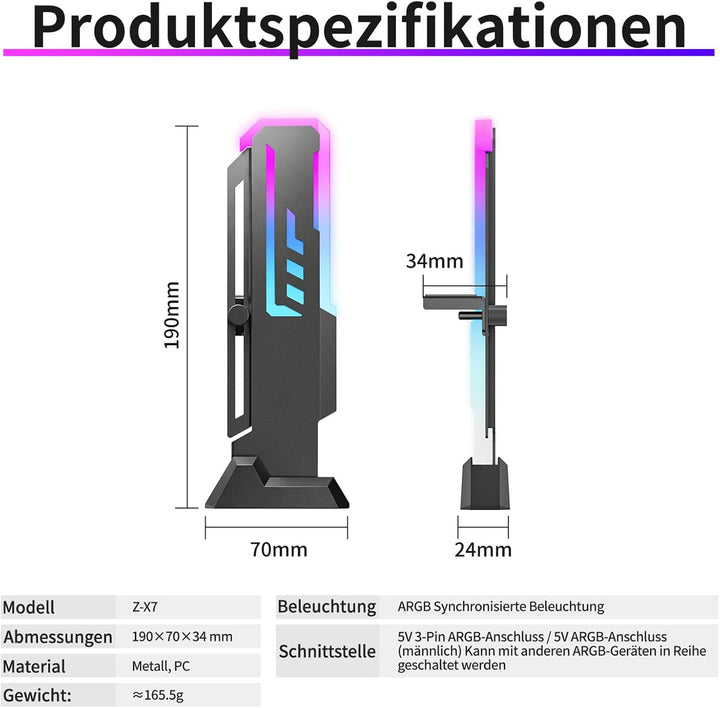 X7 ARGB Grafikkarten-Halterung, 5V-3-Pin, 60–163 mm, Schwarz, Schwarz