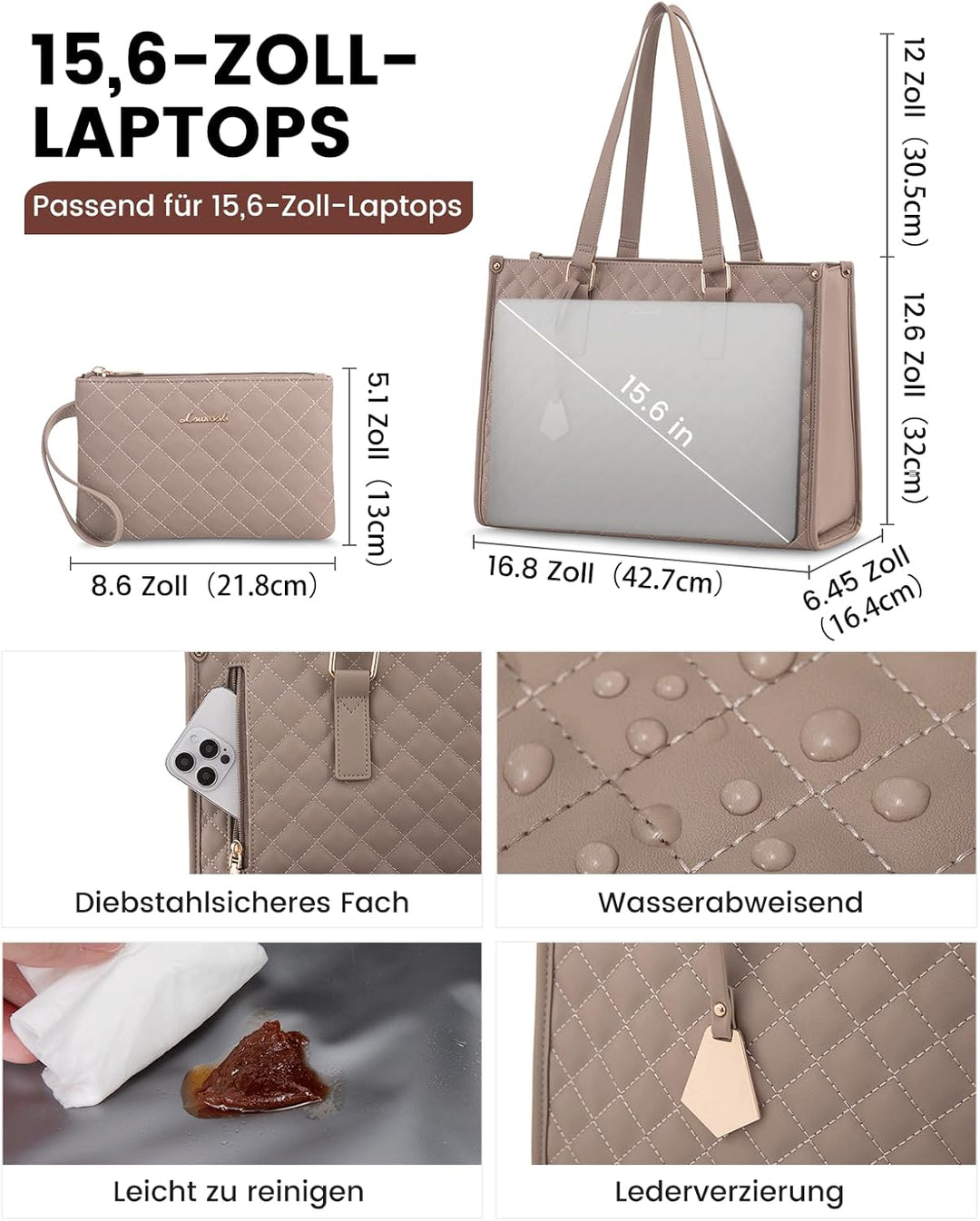 LOVEVOOK Laptoptasche Damen mit Isolierted Lunch-Fach, 15,6 Zoll Laptop Handtasche, Arbeitstasche Le