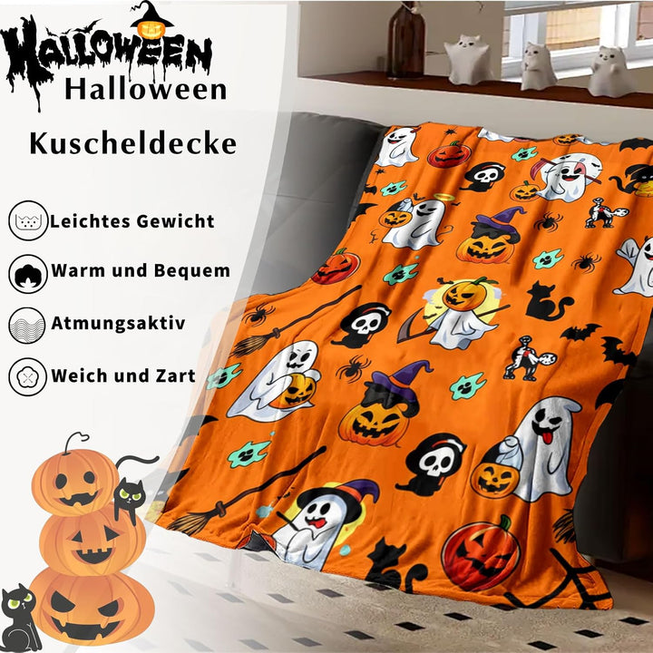 Halloween Decke 150x200,Weiche Flanell Kuscheldecke mit kürbis und Geist Motiv,für Sofadecke (Hallow