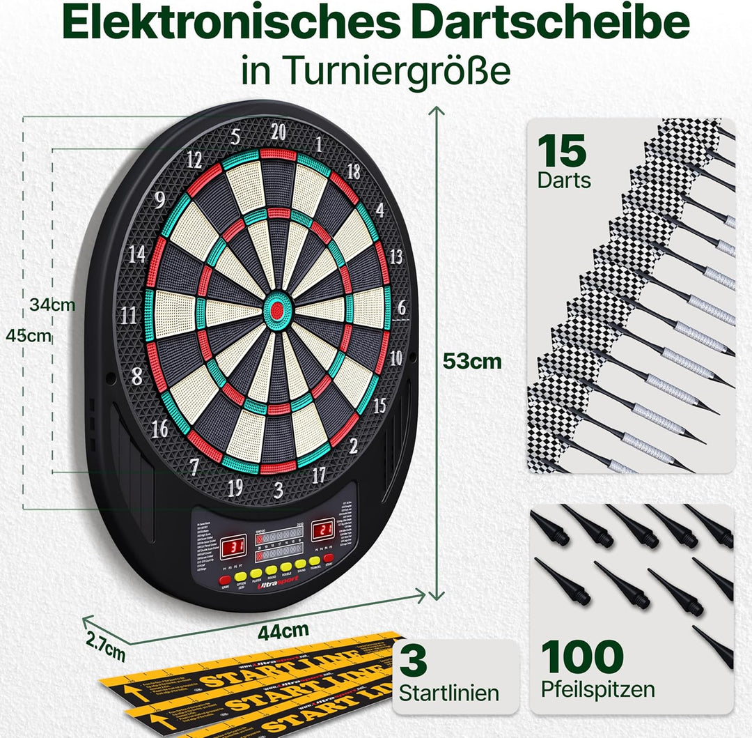 Ultrasport Elektrische Dartscheibe mit oder ohne Türen, Stahldarts mit Kunststoffflügeln für klassis