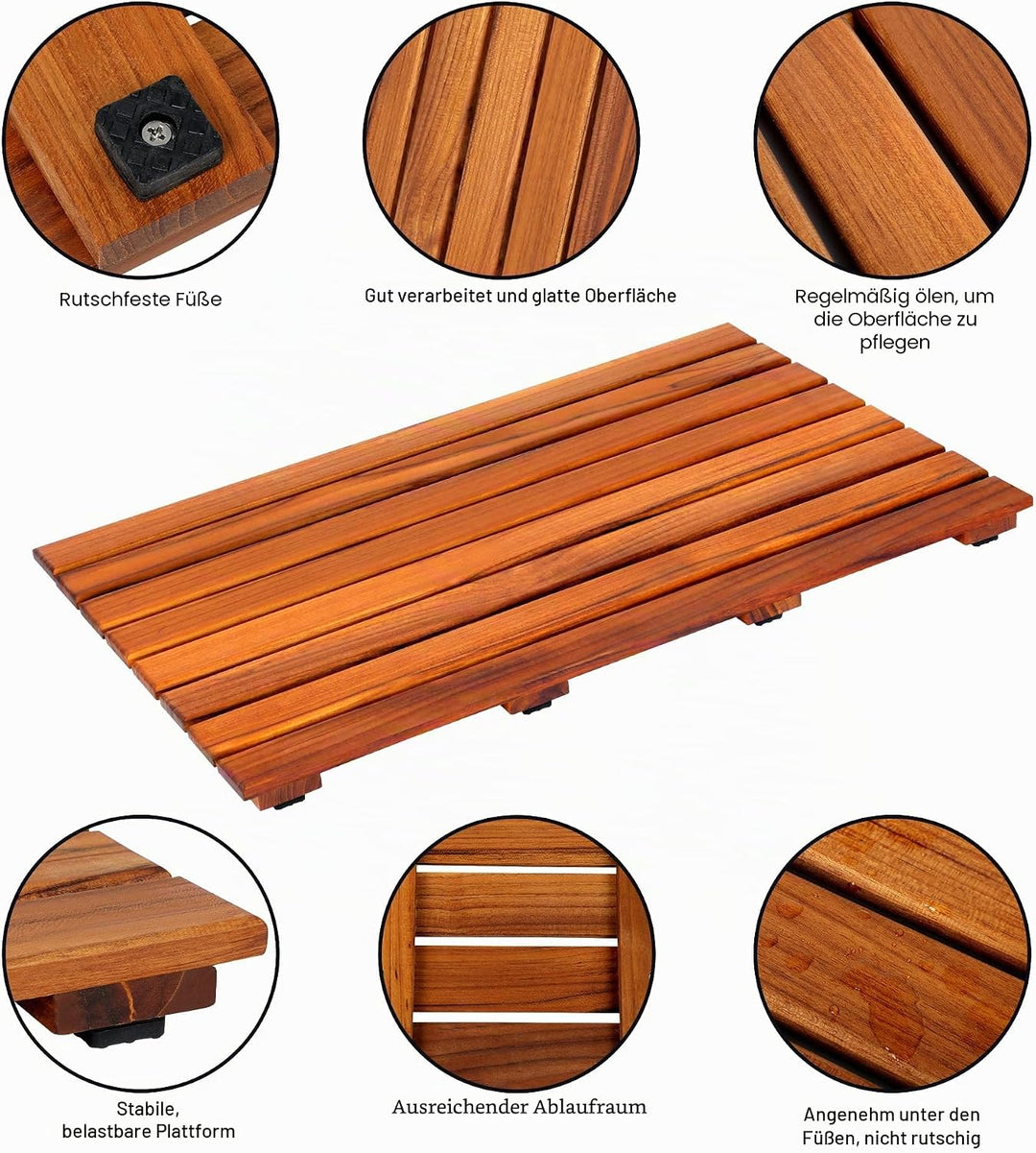 VaeFae Teak Duschmatte rutschfeste Badematte Luxus Spa Matte Holzmatte für Badewanne 43.2 x 66 cm La