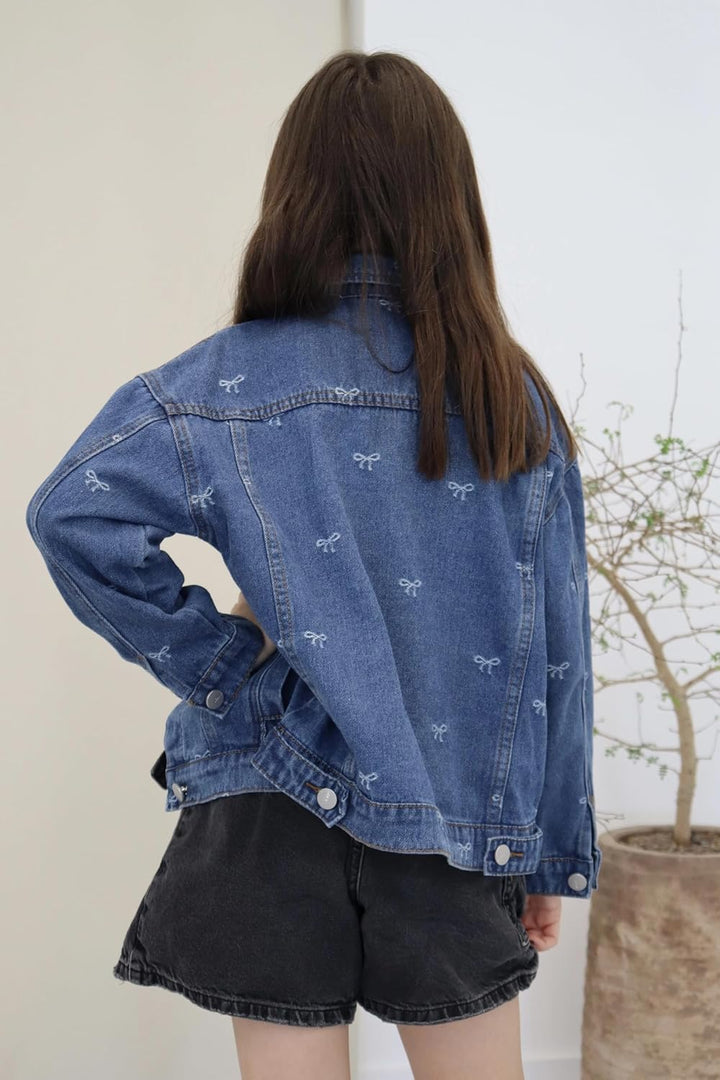 Rolanko Jeansjacke für Mädchen, Basic Trucker Jacke aus Denim Outwear Button Down Jeans Hemden 6-7 J