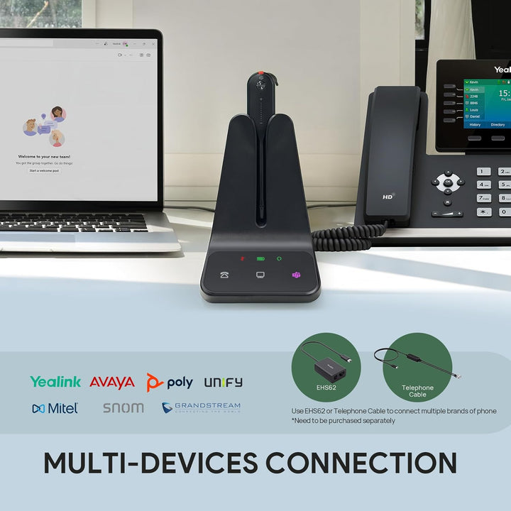 Yealink DECT Wireless Headset WH63 E2,Teams Certified,Single Ear(Mono) Office Headset for Desk Phone