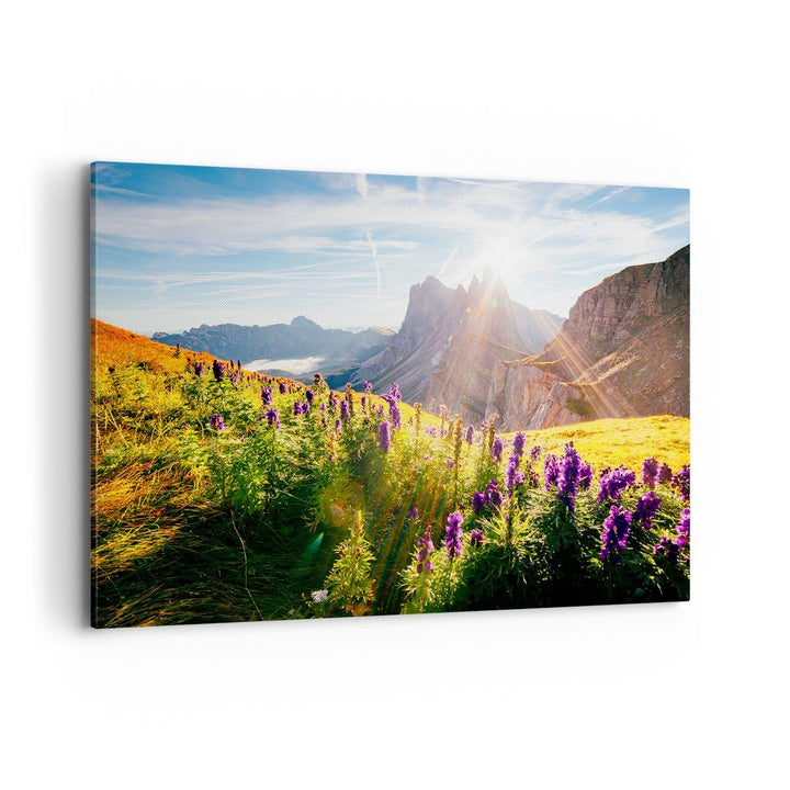 Bilder auf Leinwand 100x70cm Leinwandbild mit Rahmen Berge Wiese Blumen Gross Wanddeko Bild Schlafzi