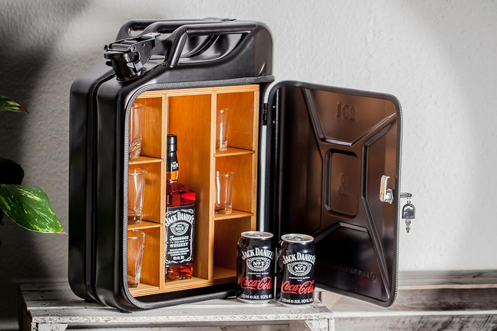 20L Kanister Bar inkl. 3 Whisky Gläser- Jerrycan 4 Herausnehmbaren Fächern schwarzer Metall Mobile B
