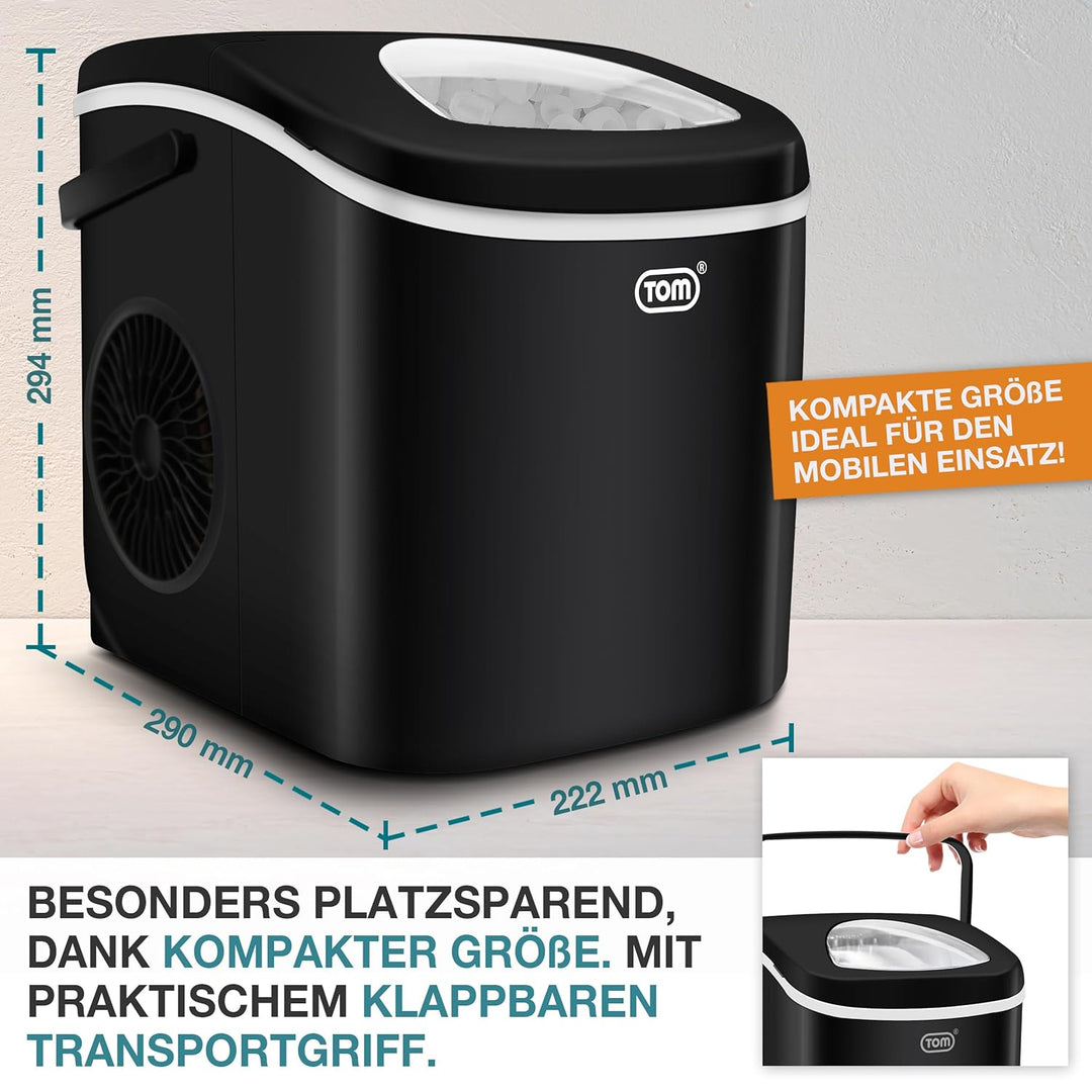 TOM Eiswürfelmaschine – 9 Eiswürfel in 6-8 min – 12 kg/24 h – 2 Würfelgrössen – Ice maker Eiswürfelm