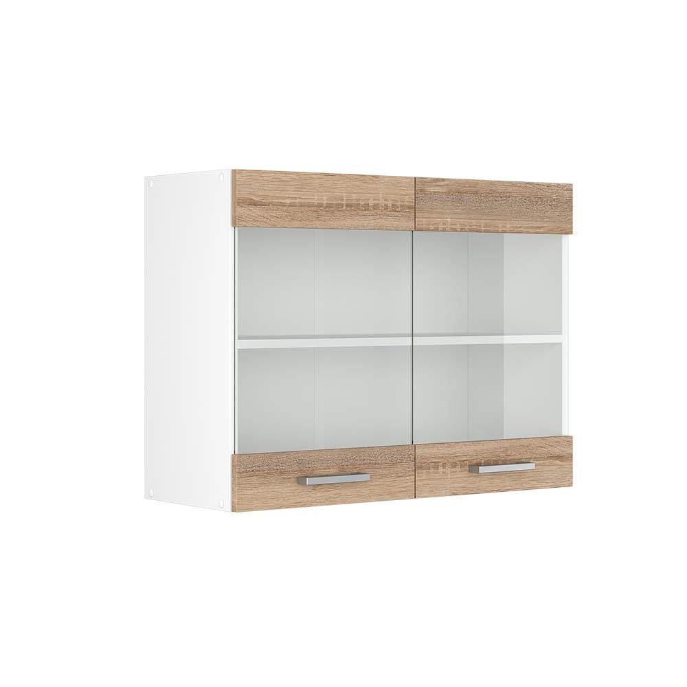 Vicco Küchenschrank Glas R-Line, Sonoma/Weiss, 80 cm Sonoma Hängeglasschrank 80cm, Sonoma Hängeglass