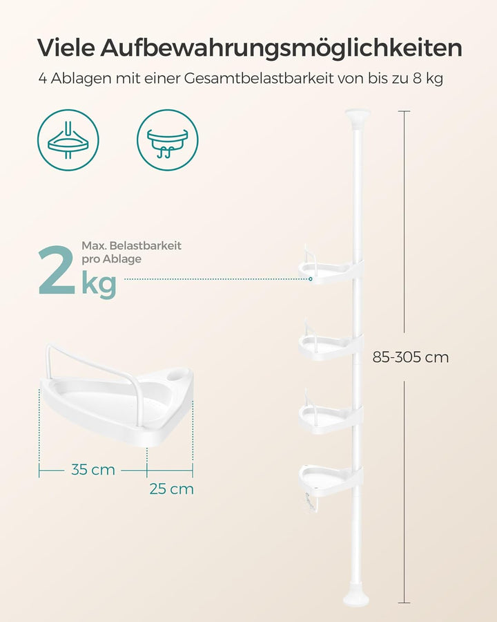 SONGMICS 85-305 cm Duschregal für Badezimmer mit Teleskoprohren und 4 Ablagen BCB001A Weiss/Flyaway
